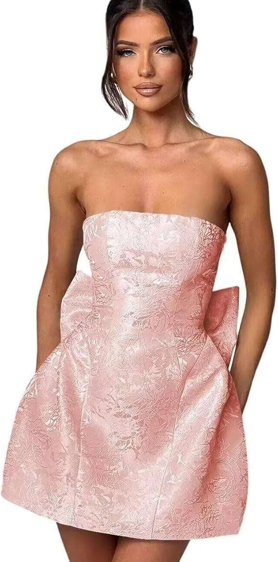 Trägerloses, kurzes Ballkleid für den Heimkehr, ärmelloses Partykleid aus Jacquard-Satin mit Schnürung und Schleife