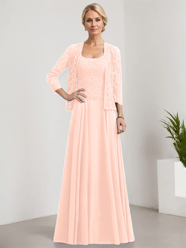 A-Linie Quadratisches Bodenlanges Spitzen-Chiffon-Kleid für die Brautmutter mit Pailletten
