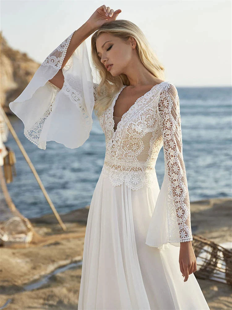 Bohemian A Line Chiffon Wedding Dresses 2024 V Neck Long Sleeve Lace Applique Backless For Women Bridal Gown Vestidos De Novia-payinti