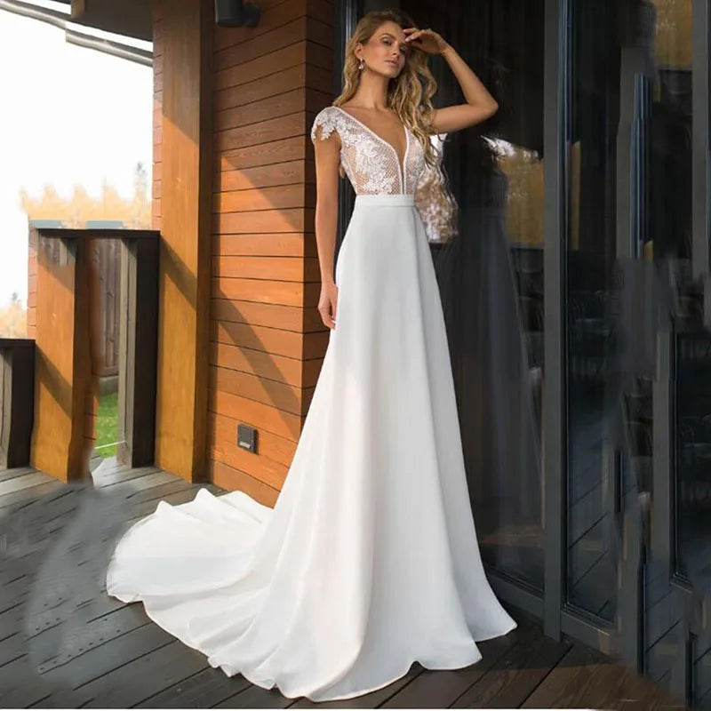 Bohemian Deep V-neck Bridal Dresses 2024 Elegant Lace Sticking Flora Back Chiffon Wedding Gowns De Mariée Customized Robe De-payinti