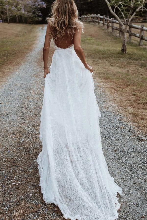 Vestido de novia bohemio de corte A con escote en V, encaje y abertura con apliques WD560
