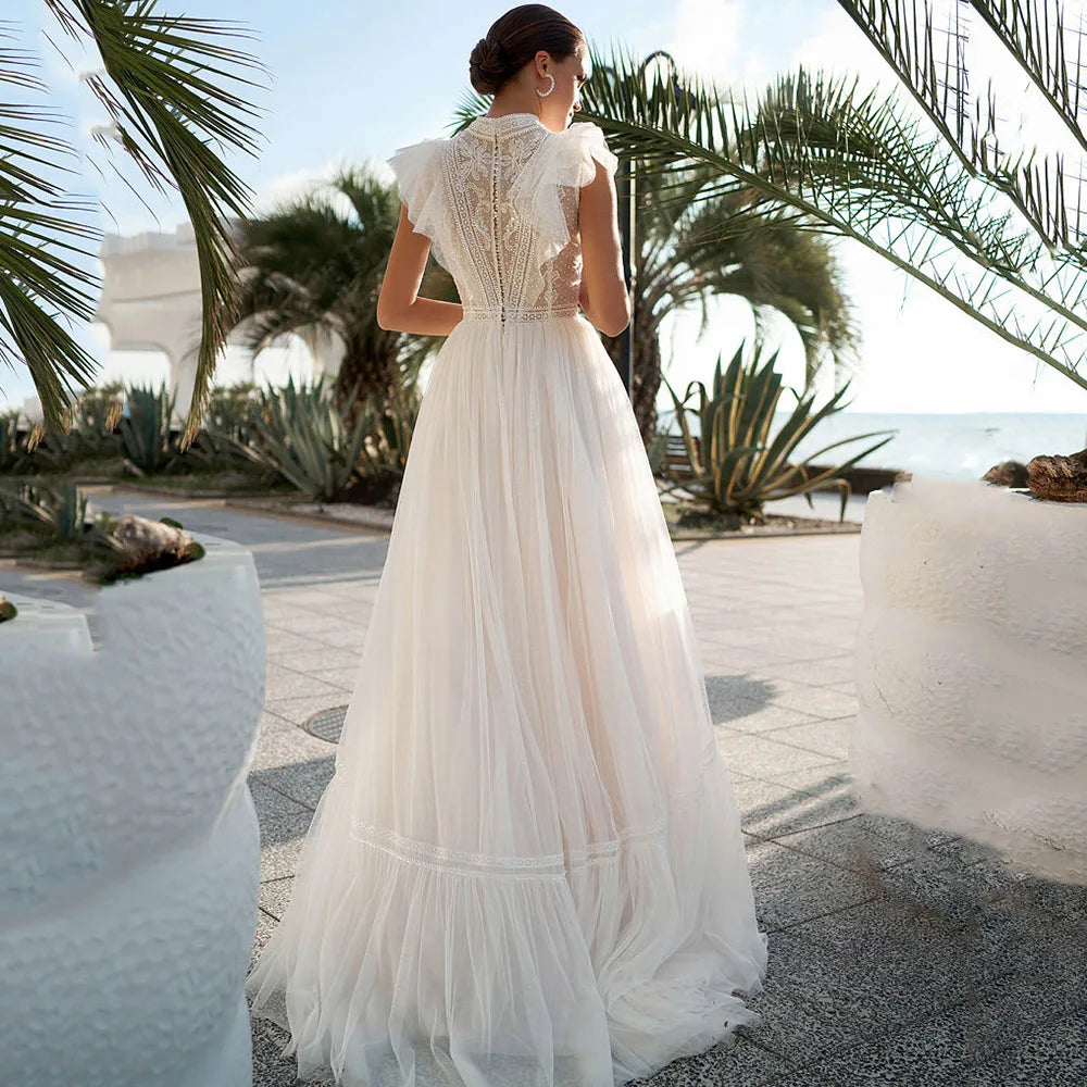 High Neck Sleeveless Wedding Dresses Lace Appliques A Line فساتين السهرة Sweep Train Bohemian New Vestidos De Novia-payinti