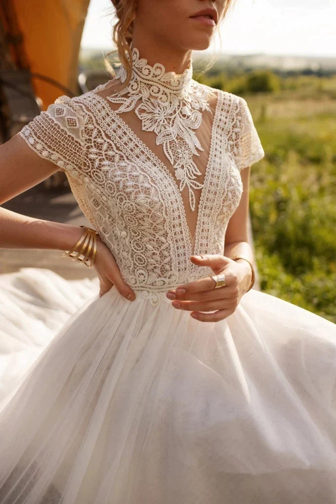 Boho Lace Tulle High Neck Wedding Dresses Women's Cap Sleeves A-Line Bohemian Bridal Gowns Vintage Elegant Robes De Mariée-payinti
