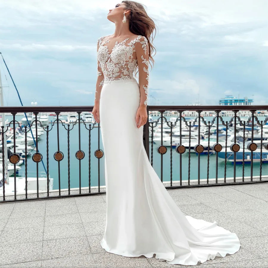 Mermaid Wedding Dresses Long Sleeves Sheer Scoop Neckline Applique Satin Buttons Back Beach Bridal Gowns Sweep Train 2023-payinti