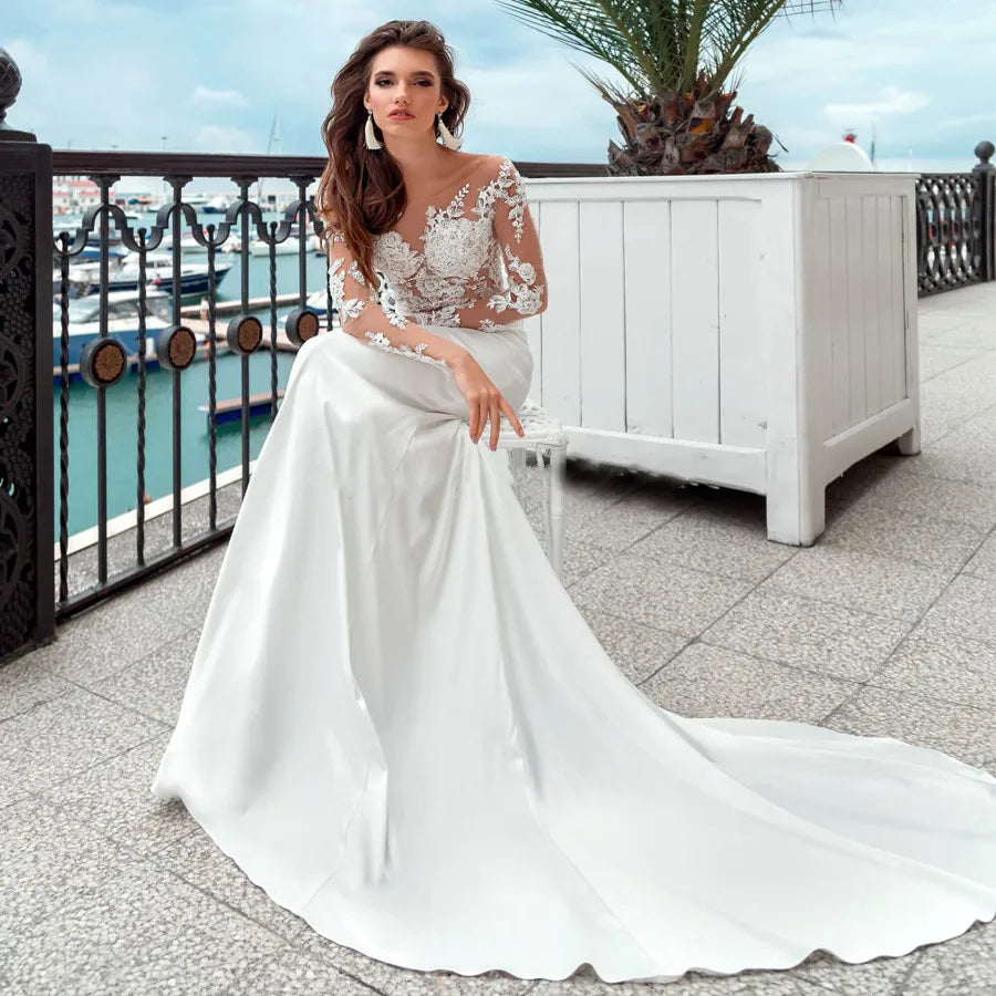 Mermaid Wedding Dresses Long Sleeves Sheer Scoop Neckline Applique Satin Buttons Back Beach Bridal Gowns Sweep Train 2023-payinti