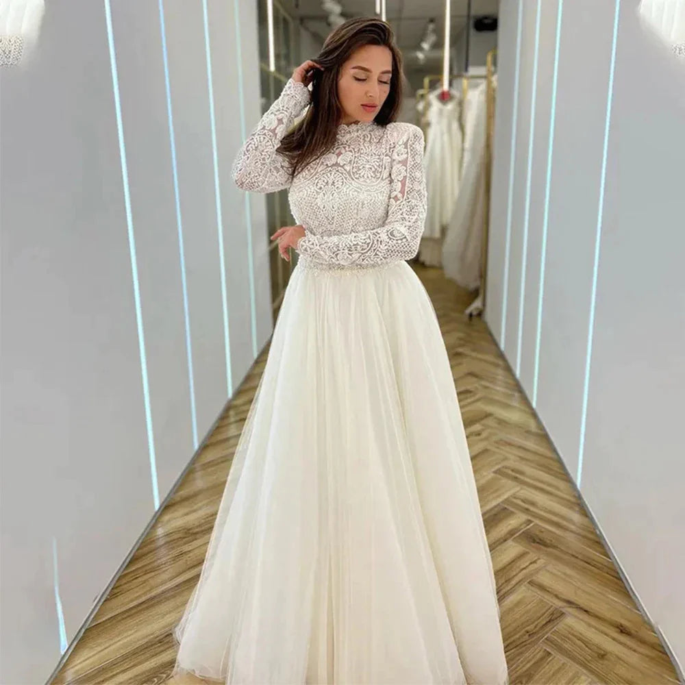 Romantic Wedding Dresses Mermaid High Neck Long Sleeves Exquisite Lace Appliques Princess Style Beach Mopping Bride Gowns-payinti