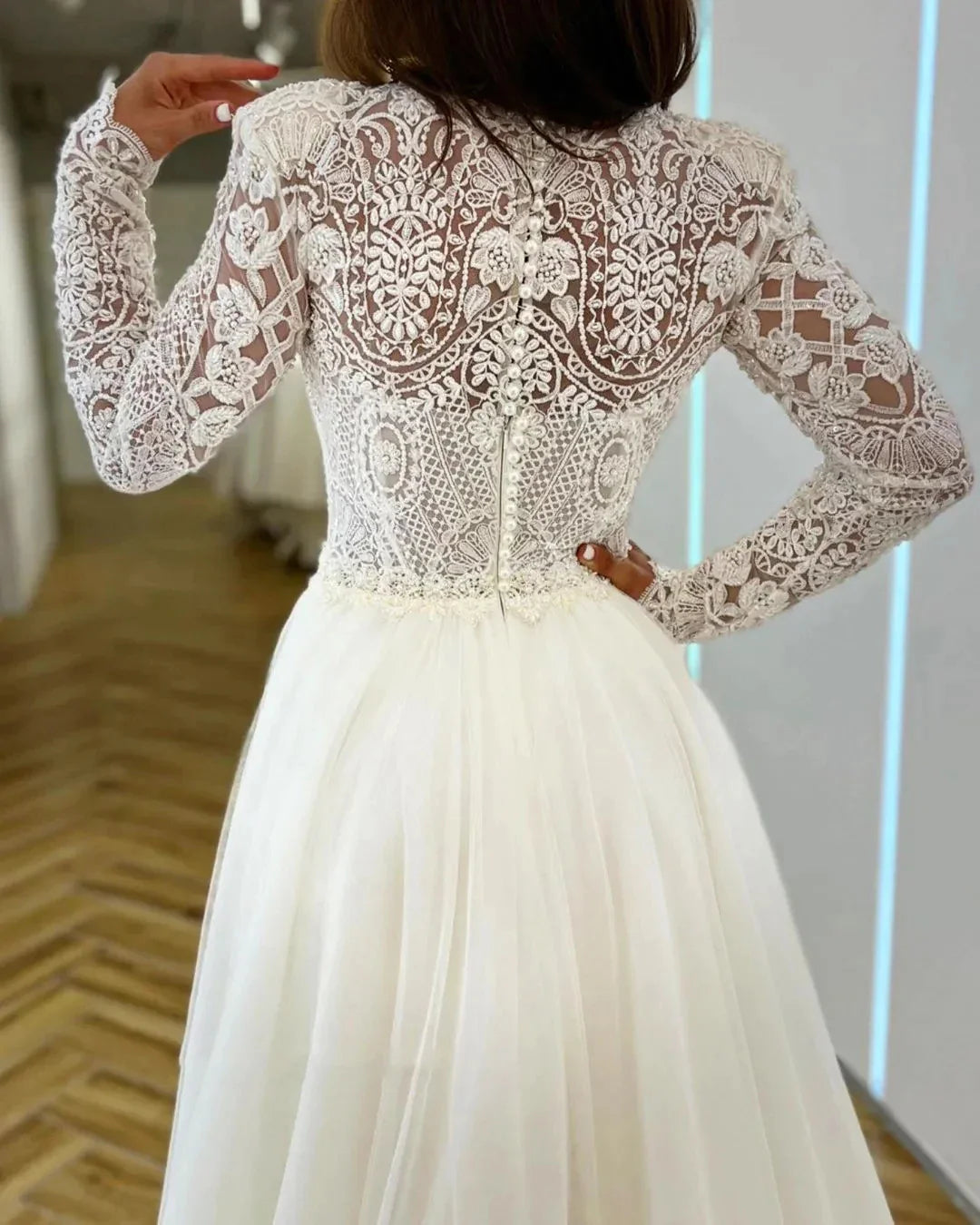Romantic Wedding Dresses Mermaid High Neck Long Sleeves Exquisite Lace Appliques Princess Style Beach Mopping Bride Gowns-payinti