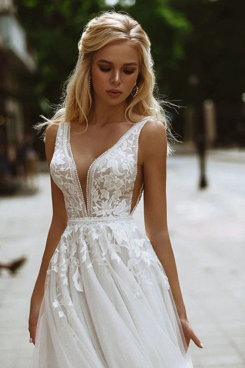 Boho Wedding Dresses V-Neck Appliques Lace A-Line Tulle Wedding Gown Beach Simple Bridal Dress bestidos de novia-payinti