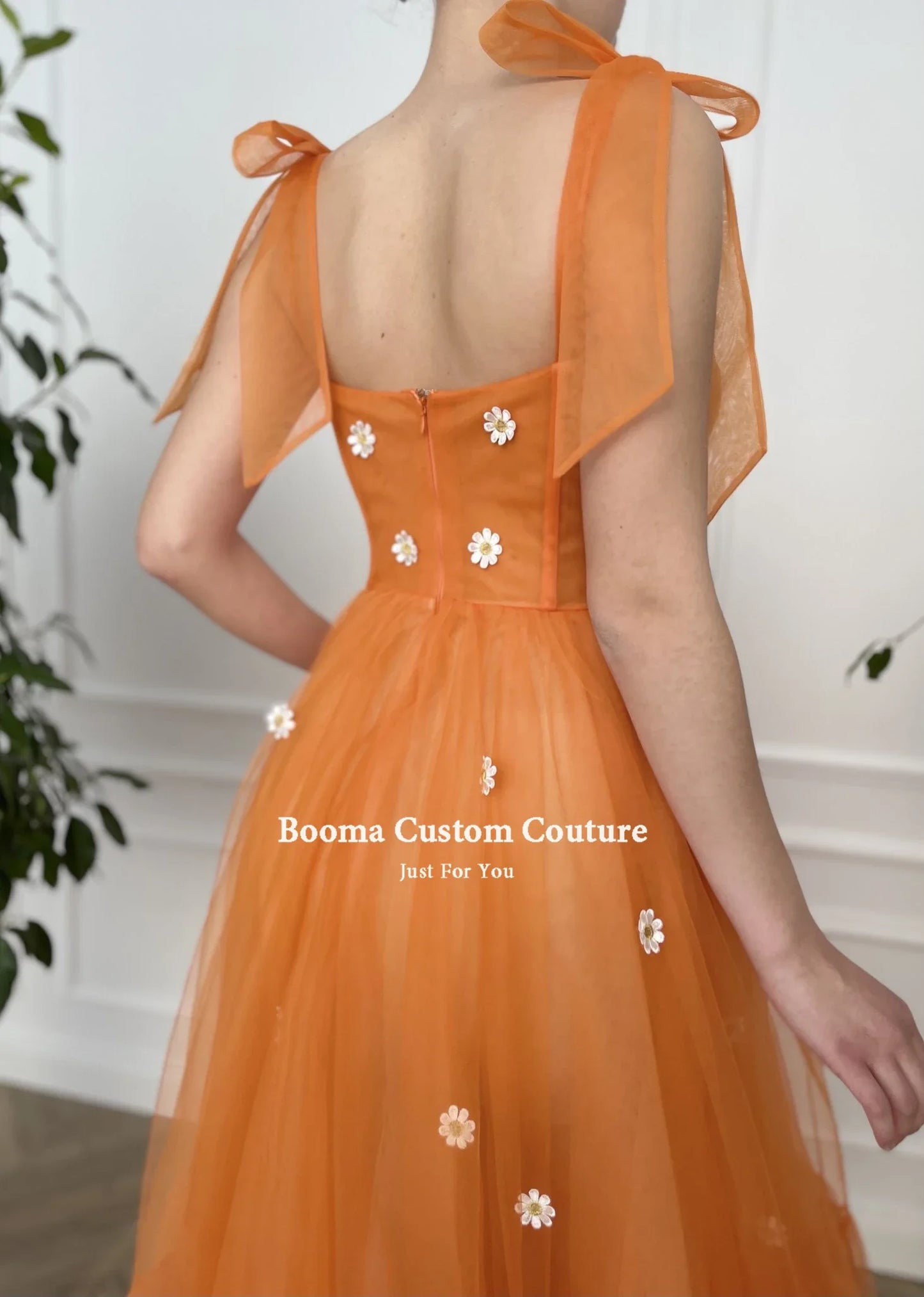 Booma Sweetheart Orange Tulle Prom Dresses Bow Straps Daisy Flowers Tea-Length Prom Gowns A-Line Midi Wedding Party Dresses-payinti