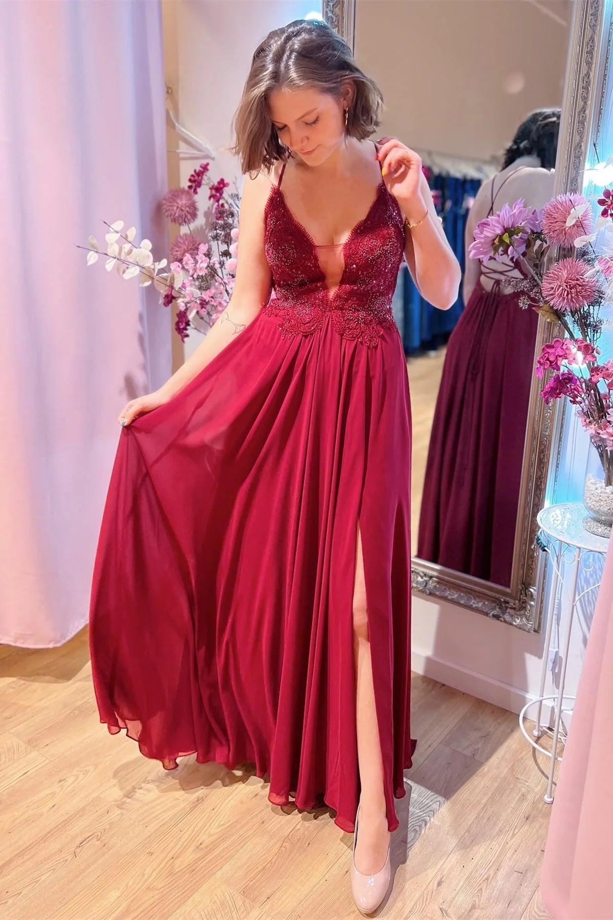 Burgundy Plunging V Neck Beaded Appliques Long Prom Dress with Slit PSK414