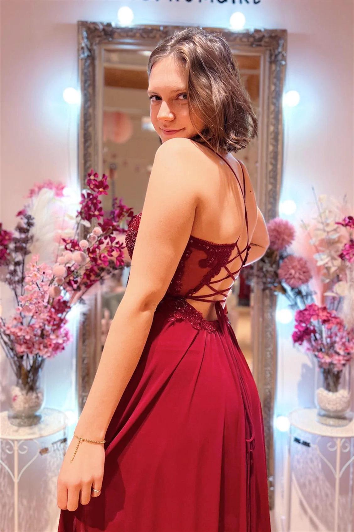 Burgundy Plunging V Neck Beaded Appliques Long Prom Dress with Slit PSK414