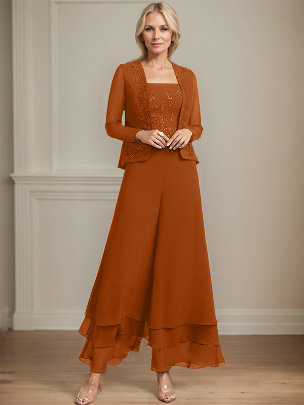 Separates Jumpsuit/Hosenanzug Quadratisches Knöchellanges Spitzenchiffonkleid für die Brautmutter mit Pailletten