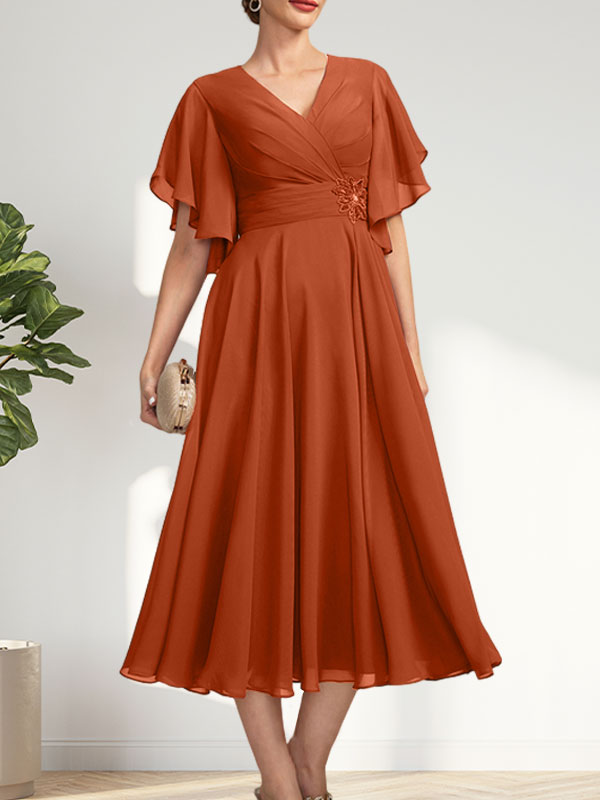 A-line V-Neck Tea-Length Chiffon Mother of the Bride Dress With Pleated Beading