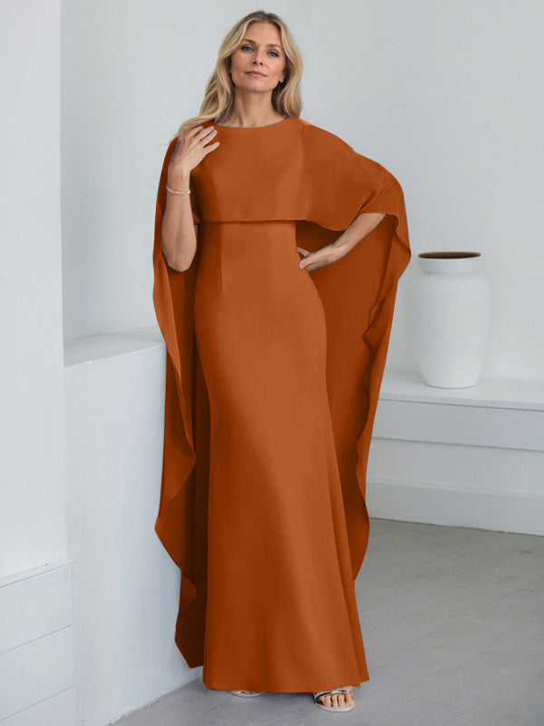 Bodenlanges Etui-Kleid aus Chiffon mit U-Ausschnitt und kaskadierenden Rüschen