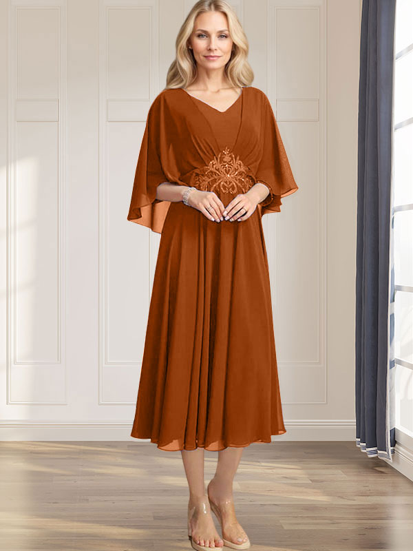 A-Linie V-Ausschnitt Wadenlanges Chiffonkleid für die Brautmutter mit plissierten Paillettenapplikationen Spitzenbesatz
