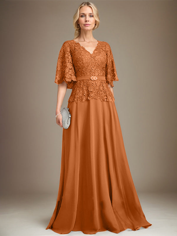 A-Linie V-Ausschnitt Bodenlanges Chiffon-Spitzenkleid für die Brautmutter mit Kristallbrosche und Strass