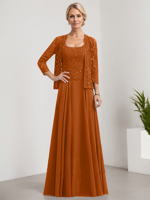 A-Linie Quadratisches Bodenlanges Spitzen-Chiffon-Kleid für die Brautmutter mit Pailletten