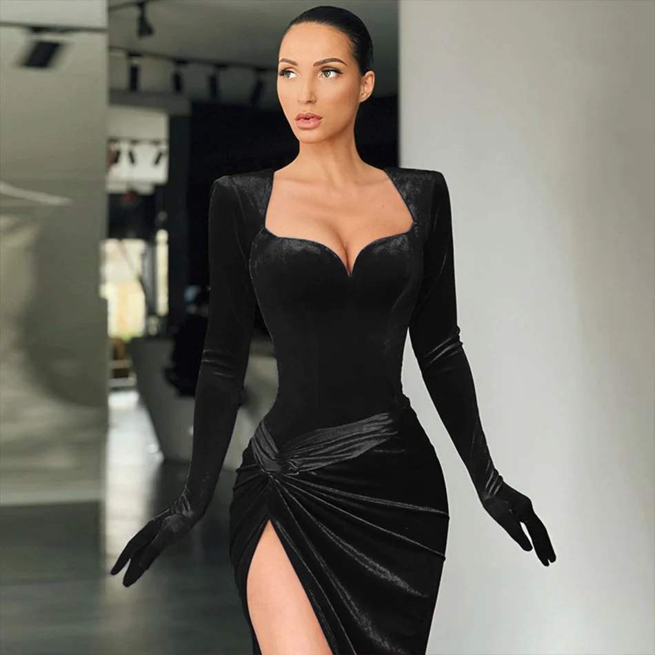 Elegante vestido de noche de terciopelo azul real con abertura alta Y402