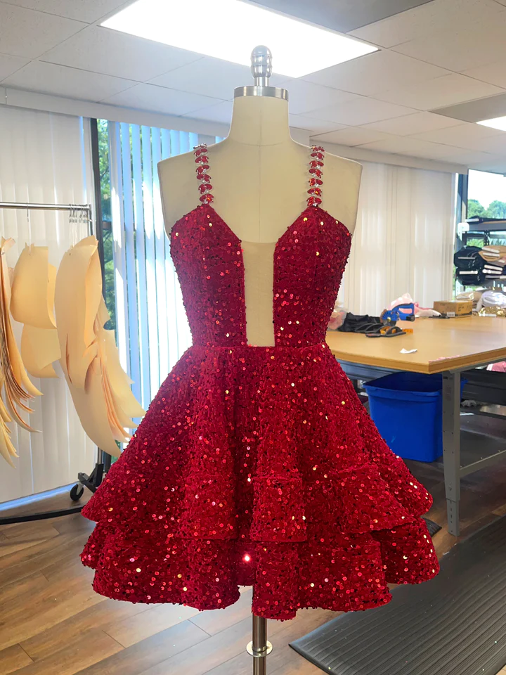 Vestido de fiesta de quinceañera con lentejuelas y corte en A, falda en capas, vestido popular para regreso a casa Y07