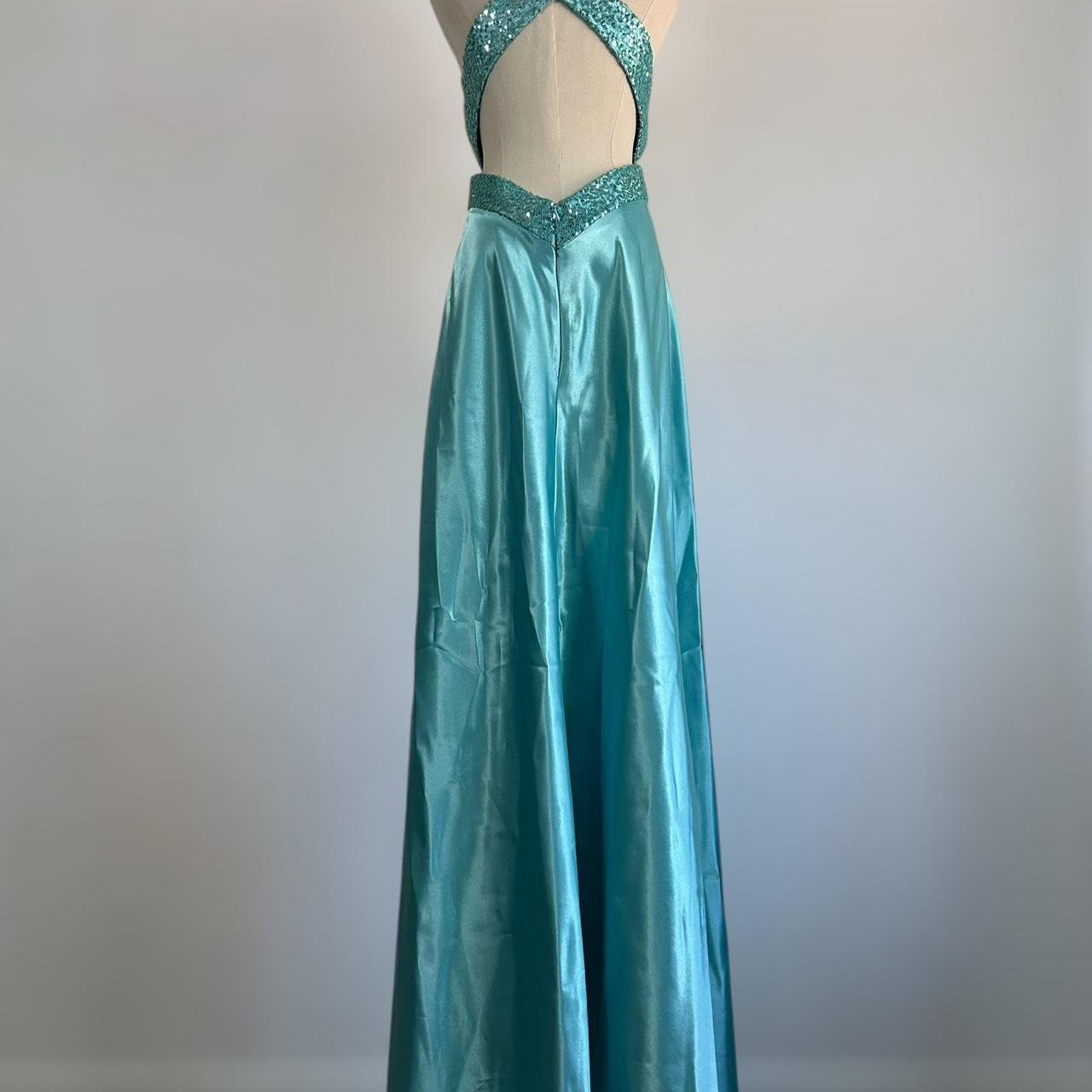 Vestido de noche azul con escote en V, satén y lentejuelas, vestido formal de fiesta, sin espalda, Y8548