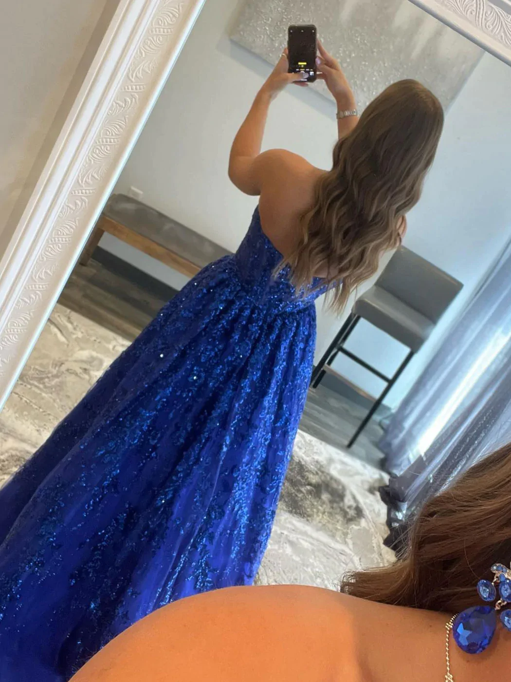 Vestido de fiesta largo de tul azul con lentejuelas en forma de A, vestido de noche de tul azul Y359