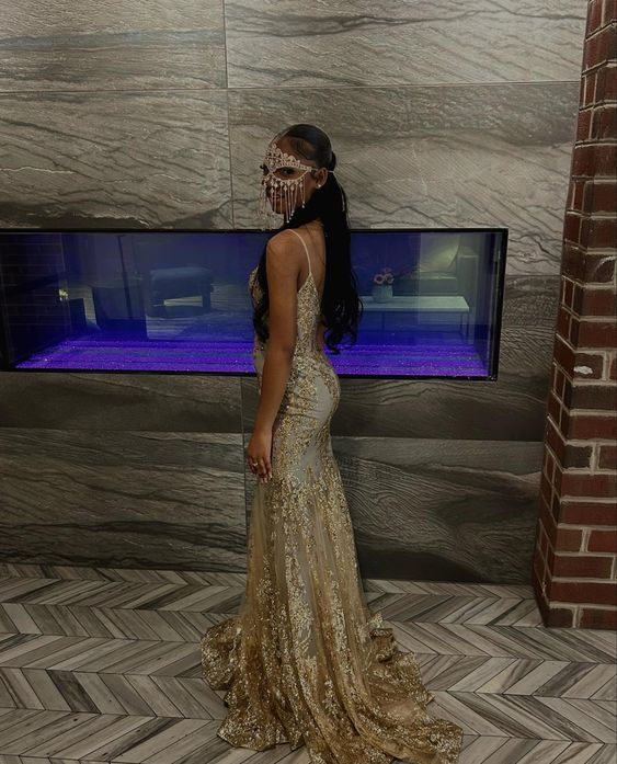 Vestido de noche estilo sirena dorado con corsé bordado de princesa Y5887