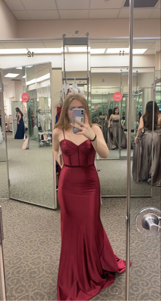 Fashion Burgundy Spaghetti Straps Mermaid Evening Dress Burgundy Prom Gown Y6430