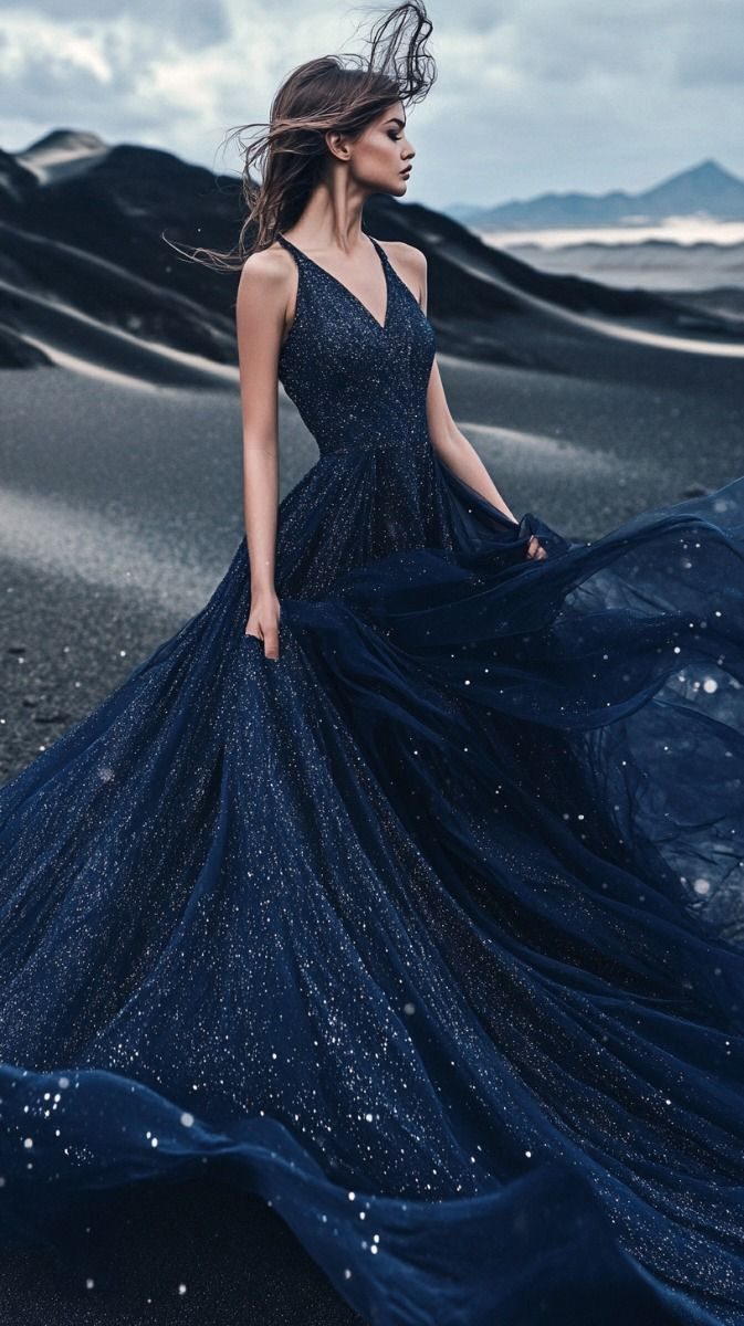 Hermoso vestido de fiesta de tul con lentejuelas, corte A, azul marino, escote en V, vestido de noche, vestido de novia Y8381