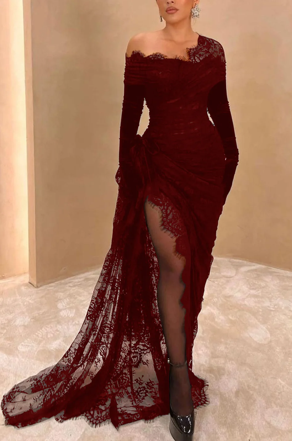 Elegante vestido de fiesta de encaje negro asimétrico con abertura alta, vestido de noche largo Y7984