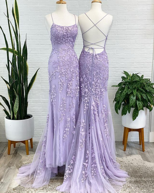 Spaghettiträger Meerjungfrau Spitzenapplikationen Tüll Ballkleider Langes Criss Cross Rückenfreies Abendkleid Y7383