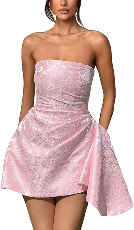 A-Linie, trägerlos, ärmellos, kurzes Heimkehrkleid, Jacquard-Satin, asymmetrisch, Partykleider mit Schnürung