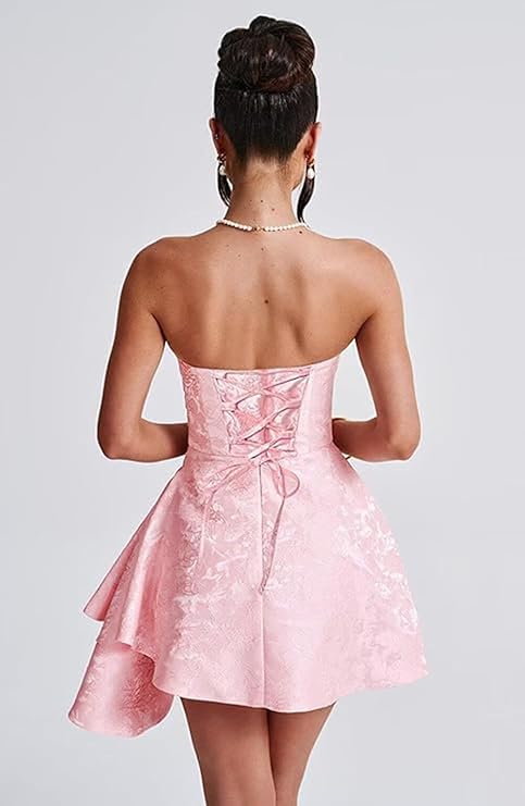 A-Linie, trägerlos, ärmellos, kurzes Heimkehrkleid, Jacquard-Satin, asymmetrisch, Partykleider mit Schnürung