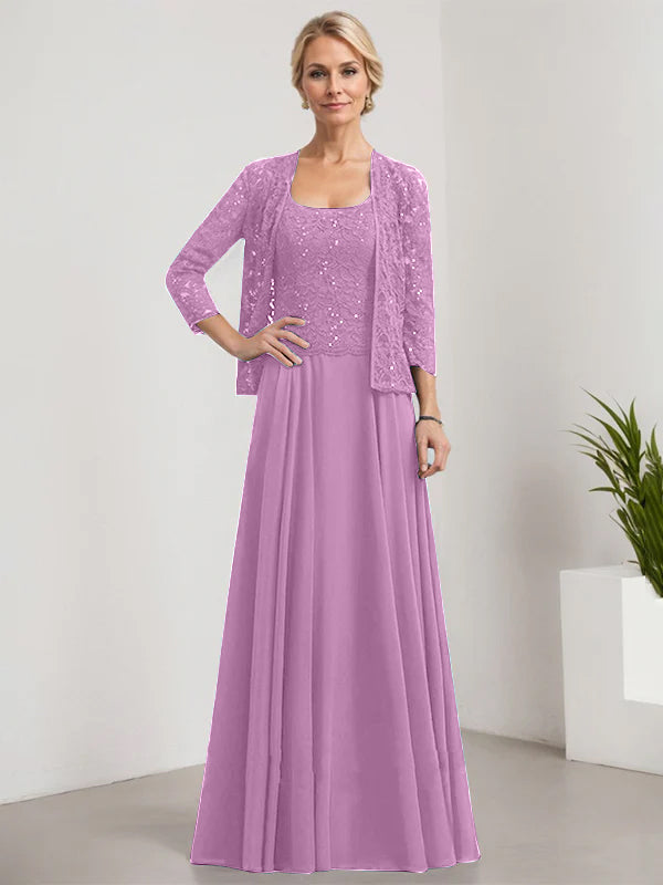 A-Linie Quadratisches Bodenlanges Spitzen-Chiffon-Kleid für die Brautmutter mit Pailletten