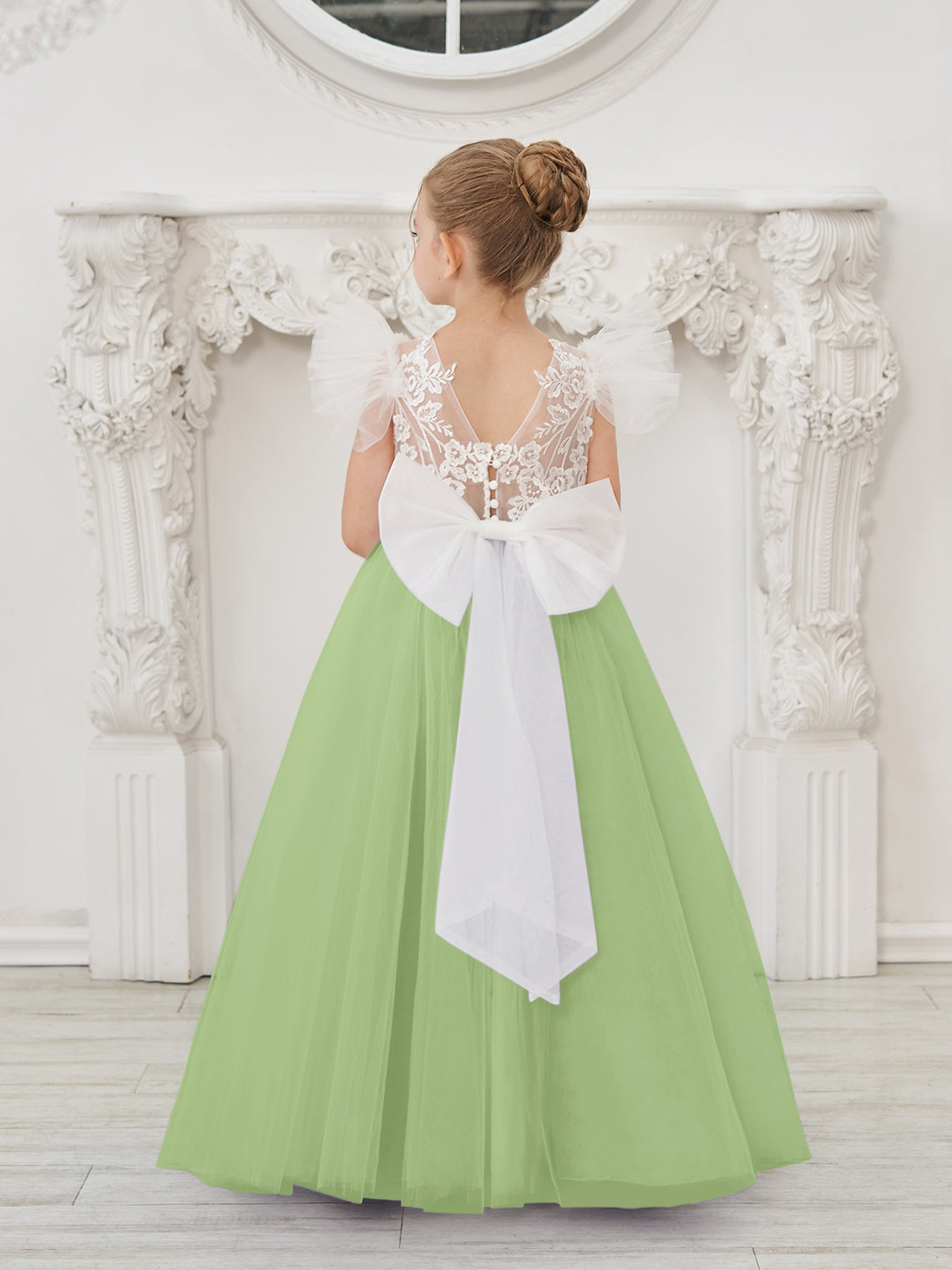 Detachable Lace Tulle Sweep Train Flower Girl Dress