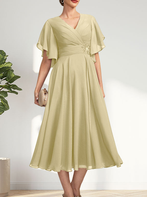 A-line V-Neck Tea-Length Chiffon Mother of the Bride Dress With Pleated Beading