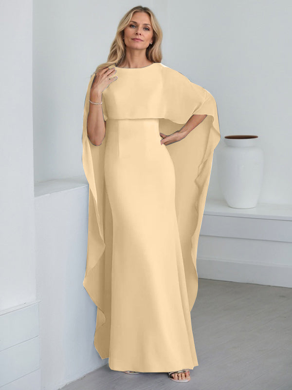 Bodenlanges Etui-Kleid aus Chiffon mit U-Ausschnitt und kaskadierenden Rüschen