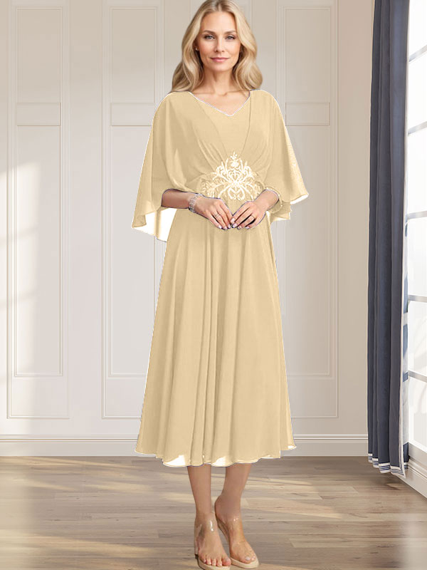 A-Linie V-Ausschnitt Wadenlanges Chiffonkleid für die Brautmutter mit plissierten Paillettenapplikationen Spitzenbesatz