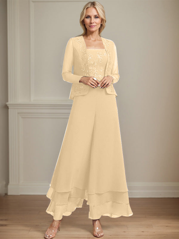 Separates Jumpsuit/Hosenanzug Quadratisches Knöchellanges Spitzenchiffonkleid für die Brautmutter mit Pailletten