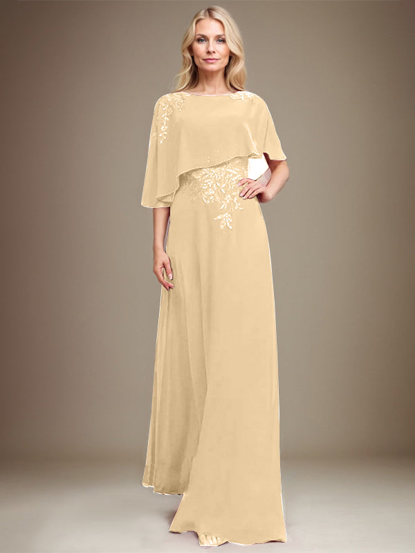 A-Linie U-Ausschnitt Bodenlang Chiffon Spitze Kleid für die Brautmutter mit Pailletten und Perlen