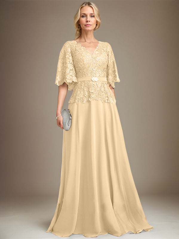 A-Linie V-Ausschnitt Bodenlanges Chiffon-Spitzenkleid für die Brautmutter mit Kristallbrosche und Strass