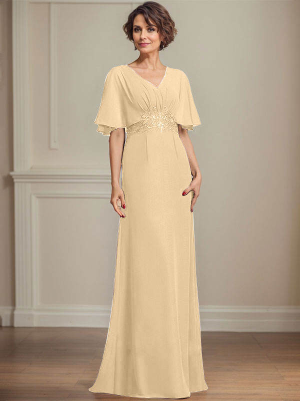 A-Linie V-Ausschnitt Bodenlanges Chiffonkleid für die Brautmutter mit plissierten Paillettenapplikationen Spitze