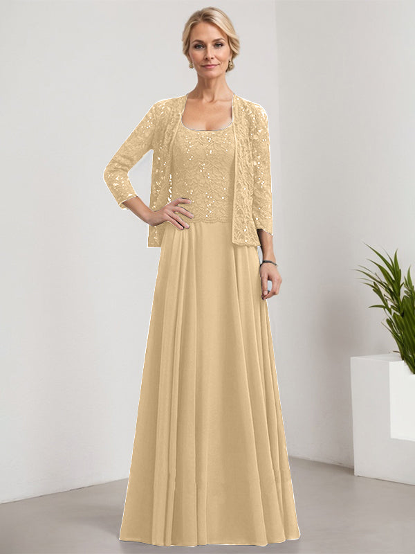A-Linie Quadratisches Bodenlanges Spitzen-Chiffon-Kleid für die Brautmutter mit Pailletten