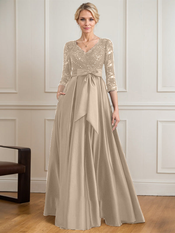 A-Linie V-Ausschnitt Bodenlanges Satin-Spitzenkleid für die Brautmutter mit Paillettenschleife