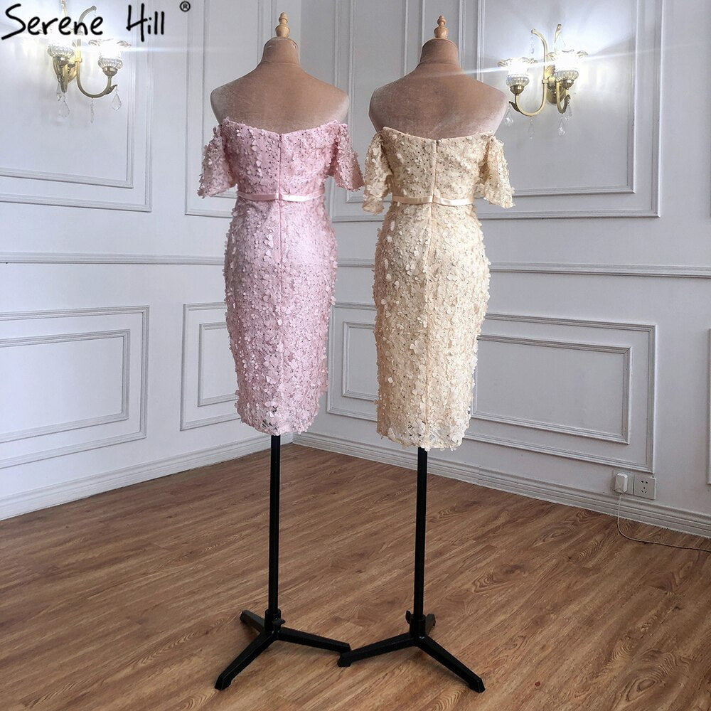 En oferta, sin devolución ni reembolso. Oferta, vestido de cóctel elegante y sexy de manga corta color champán, hecho a mano con flores y cristales, vestidos de cóctel para fiesta 2025 LA60730