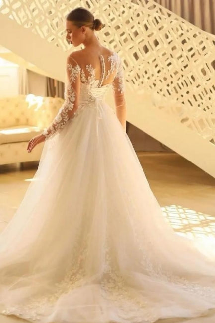 Vestido de novia encantador de tul con mangas largas y encaje en forma de A