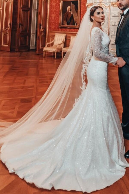 Encantador vestido de novia largo de corte A con encaje, lentejuelas y cuentas, mangas largas y cola desmontable.
