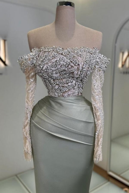 Vestido de fiesta largo estilo sirena con hombros descubiertos, encaje brillante y mangas largas