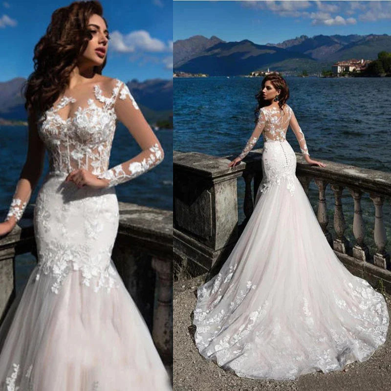 Charming Long Sleeves Mermaid Wedding Dresses 2024 Lace Applique Scoop Neck Bridal Gowns Sweep Train Vestidos De Novia Custom-payinti