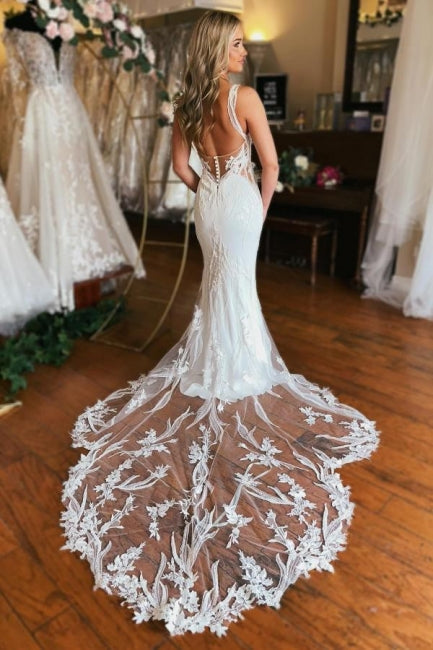 Encantador vestido de novia largo de sirena con escote en V y sin mangas con encaje