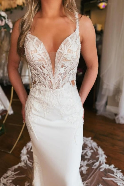 Encantador vestido de novia largo de sirena con escote en V y sin mangas con encaje